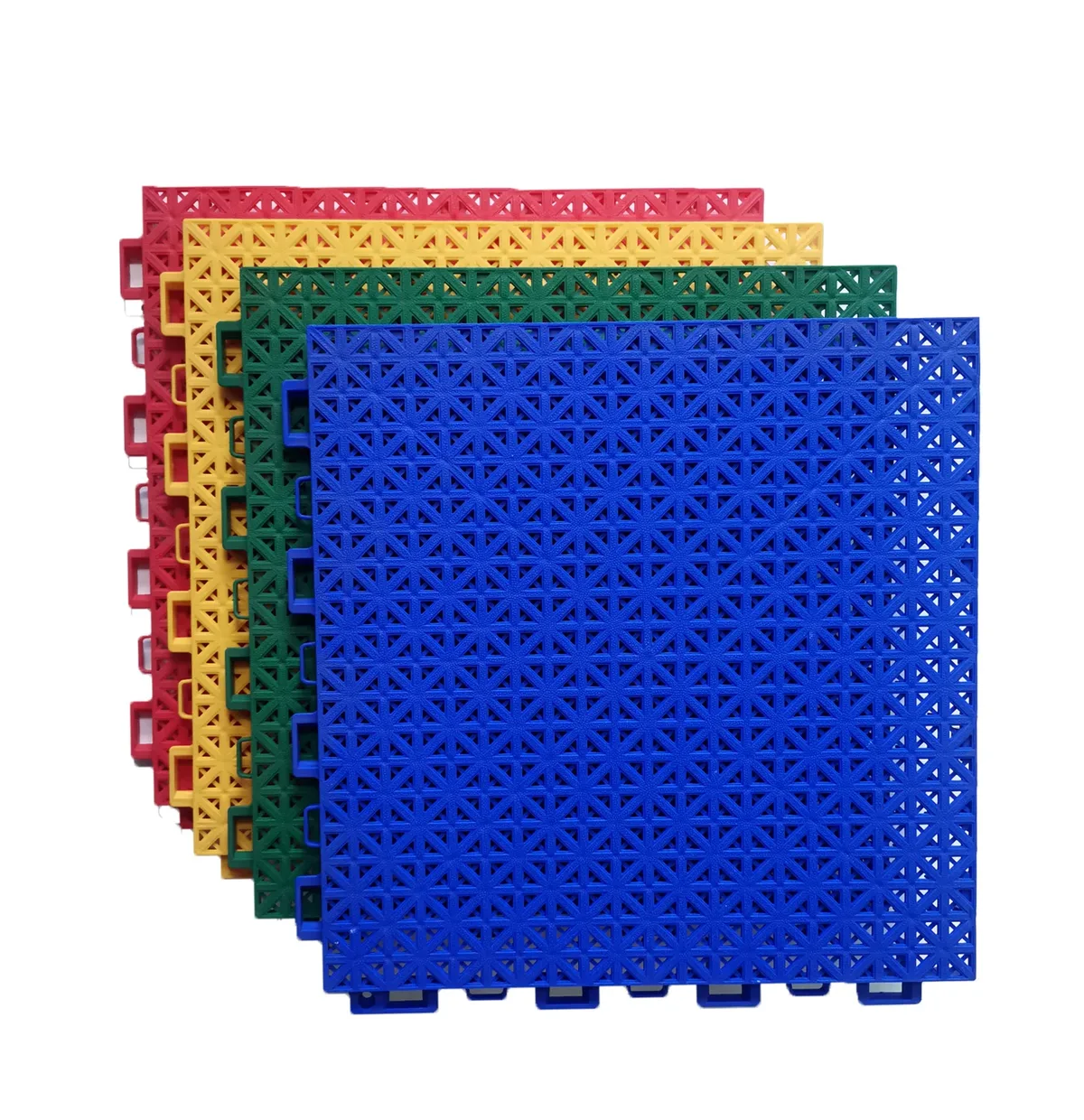 Interlocking sports tiles shown in several colours